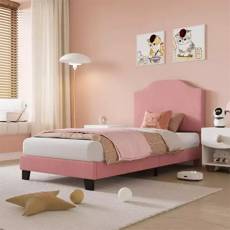 Cadre de lit double en velours, avec revêtement en velours côtelé doux, lattes en bois durables et support sans bruit, aucun sommier tapissier requis, rose
