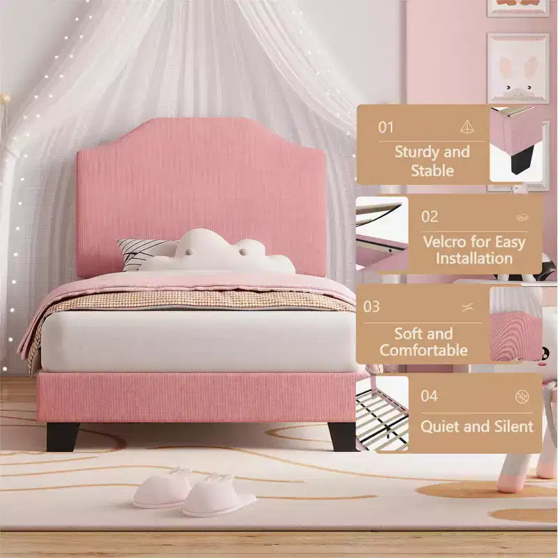 Cadre de lit double en velours, avec revêtement en velours côtelé doux, lattes en bois durables et support sans bruit, aucun sommier tapissier requis, rose
