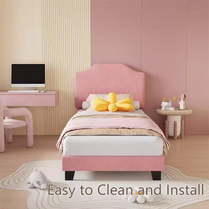 Cadre de lit double en velours, avec revêtement en velours côtelé doux, lattes en bois durables et support sans bruit, aucun sommier tapissier requis, rose