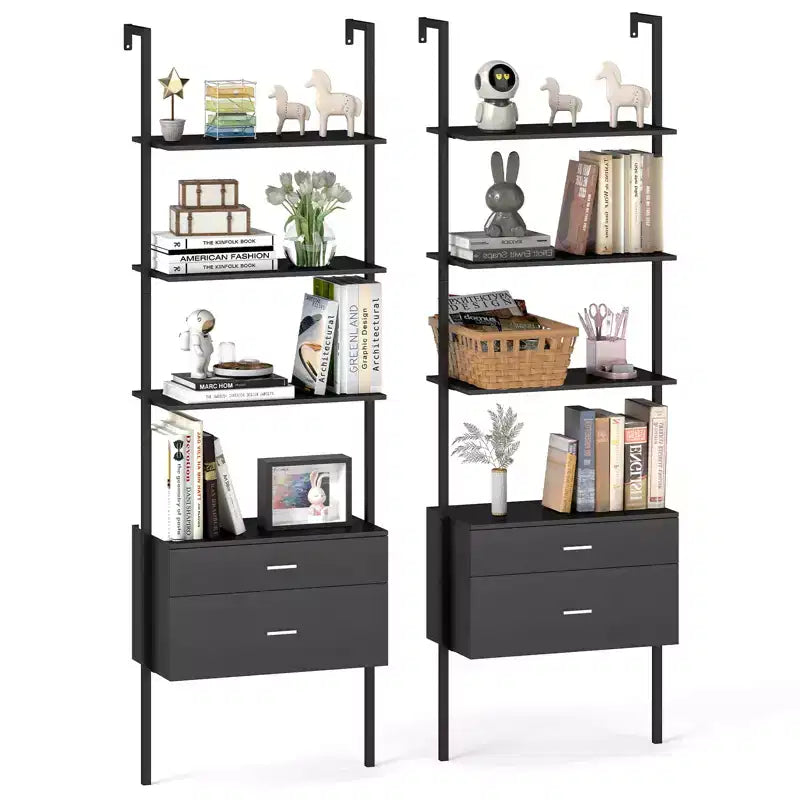 Costway 2 PCS Ladder Bookshelf w/ Storage Wall Mount Bookcase w/ 4 Open Shelves Black