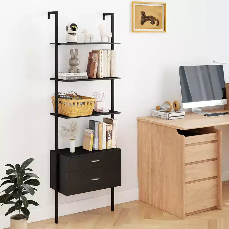 Costway Lot de 2 bibliothèques échelle avec rangement, étagère murale avec 4 étagères ouvertes, noir