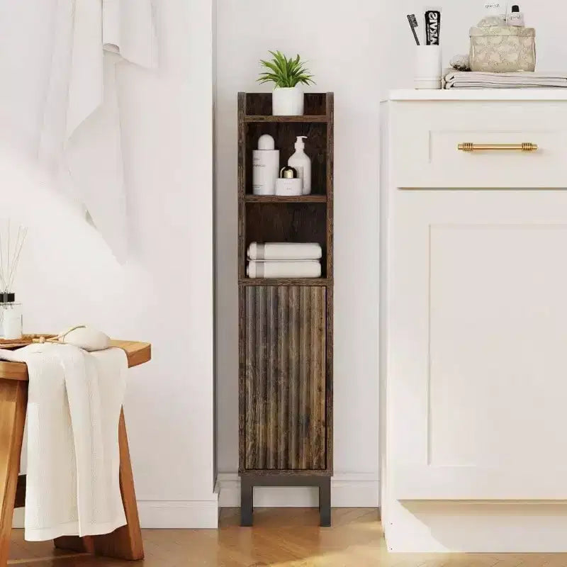 Meuble de Rangement d'Angle Étroit pour Petites Salles de Bain avec Porte et Étagères