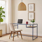 Bureau rectangulaire Royal Hampton avec plateau en verre, compartiment ouvert et piétement luge, bleu