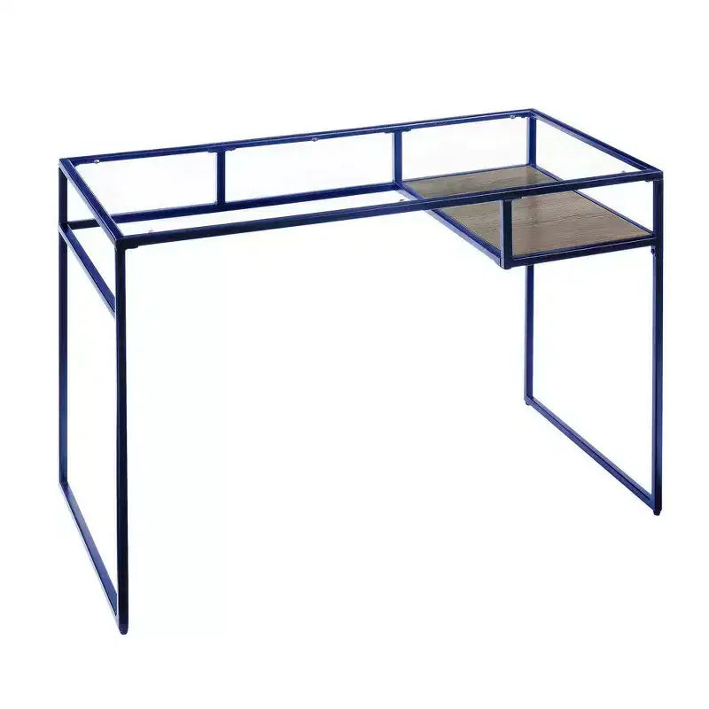 Bureau rectangulaire Royal Hampton avec plateau en verre, compartiment ouvert et piétement luge, bleu