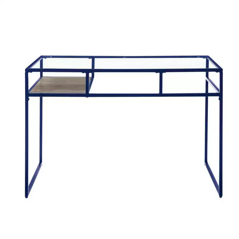 Bureau rectangulaire Royal Hampton avec plateau en verre, compartiment ouvert et piétement luge, bleu