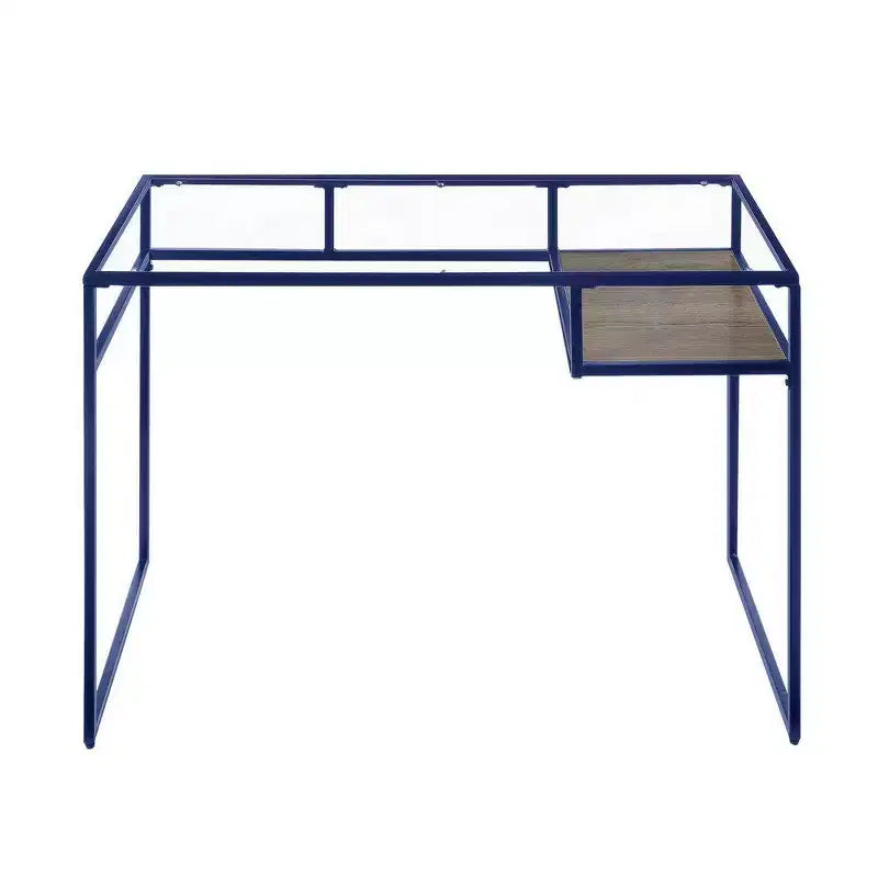 Bureau rectangulaire Royal Hampton avec plateau en verre, compartiment ouvert et piétement luge, bleu
