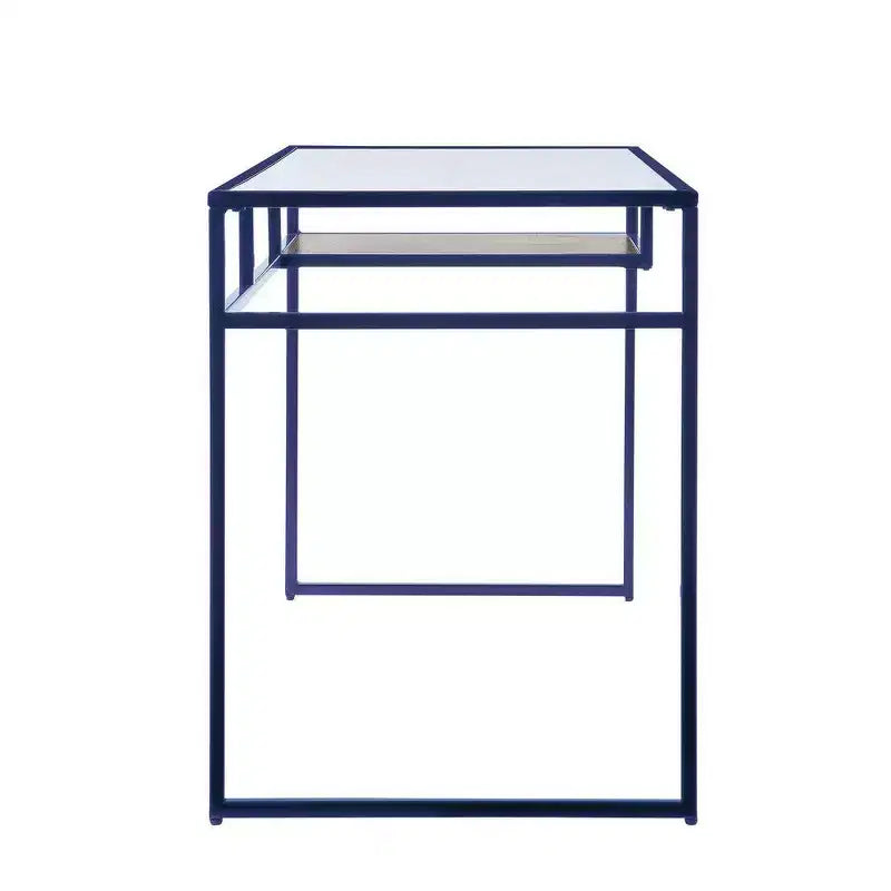 Bureau rectangulaire Royal Hampton avec plateau en verre, compartiment ouvert et piétement luge, bleu
