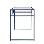 Bureau rectangulaire Royal Hampton avec plateau en verre, compartiment ouvert et piétement luge, bleu