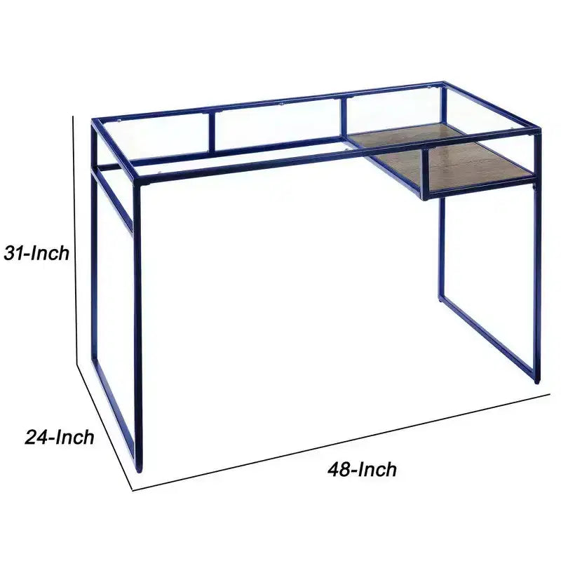 Bureau rectangulaire Royal Hampton avec plateau en verre, compartiment ouvert et piétement luge, bleu