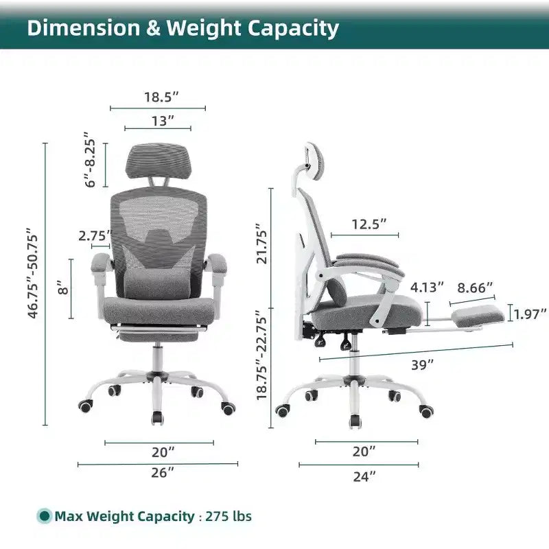 Fauteuil de bureau ergonomique TUYOHW avec repose-pieds, chaise de bureau en maille à dossier haut avec appui-tête réglable et support lombaire pour le bureau à domicile, capacité de 125 kg