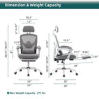 Fauteuil de bureau ergonomique TUYOHW avec repose-pieds, chaise de bureau en maille à dossier haut avec appui-tête réglable et support lombaire pour le bureau à domicile, capacité de 125 kg