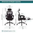 Fauteuil de bureau ergonomique TUYOHW avec repose-pieds, chaise de bureau en maille à dossier haut avec appui-tête réglable et support lombaire pour le bureau à domicile, capacité de 125 kg