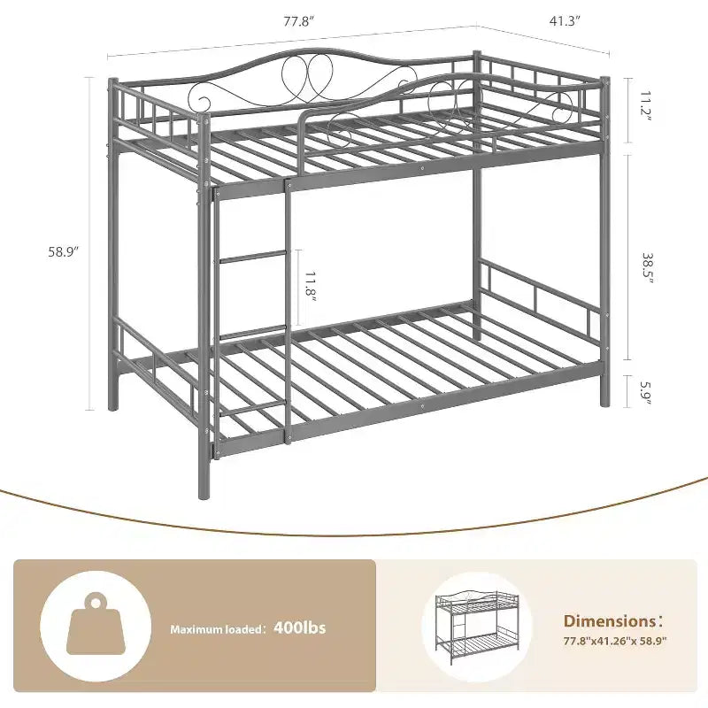Lit superposé en métal jumeau sur jumeau, capacité de 181 kg avec garde-corps de sécurité, conception peu encombrante, pas besoin de sommier tapissier, assemblage facile, lit pour enfants silencieux