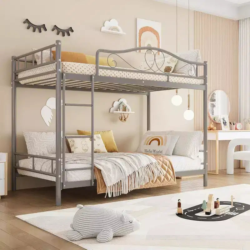 Lit superposé en métal jumeau sur jumeau, capacité de 181 kg avec garde-corps de sécurité, conception peu encombrante, pas besoin de sommier tapissier, assemblage facile, lit pour enfants silencieux