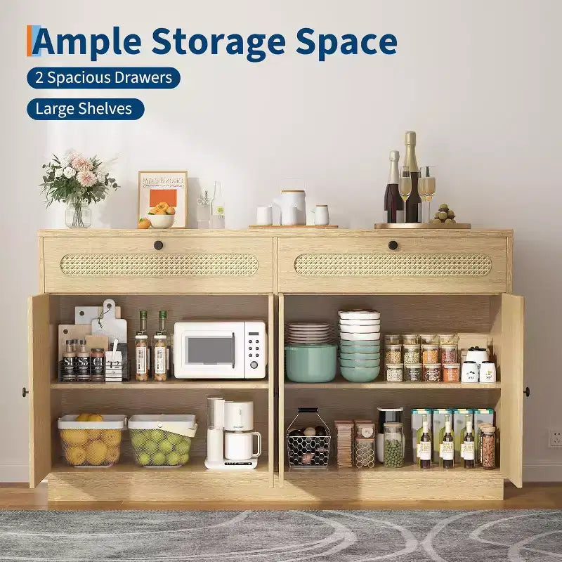 Buffet de 152 cm en rotin avec 2 tiroirs, 4 portes en rotin et étagères réglables