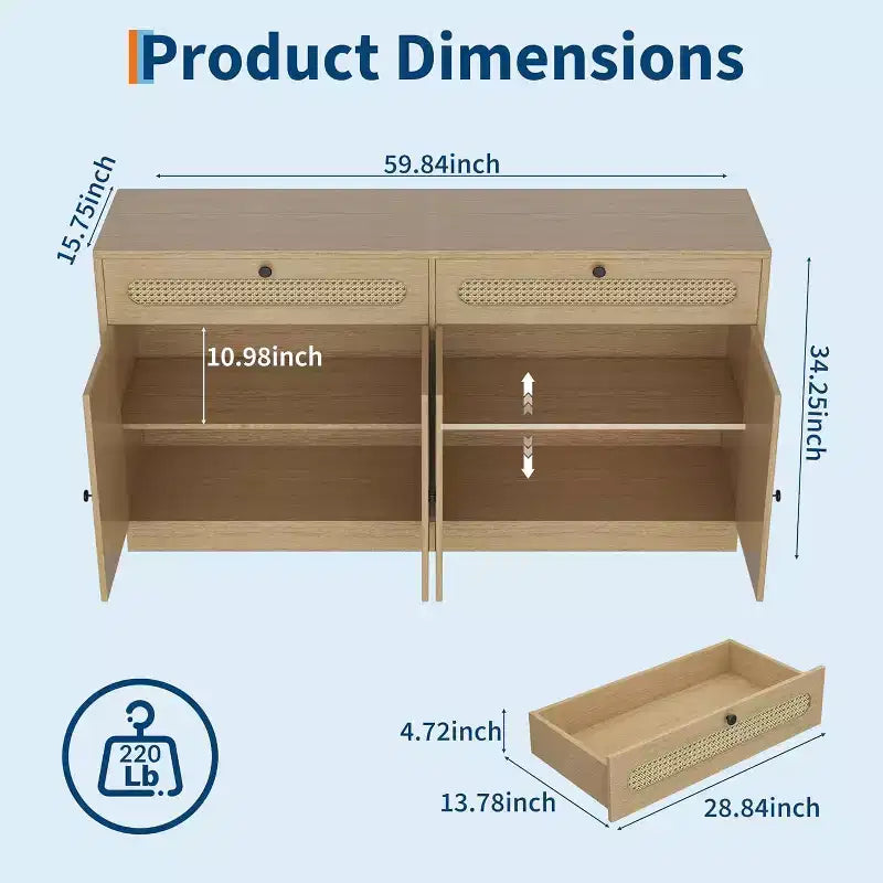 Buffet de 152 cm en rotin avec 2 tiroirs, 4 portes en rotin et étagères réglables