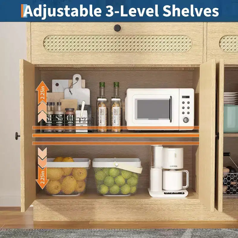 Buffet de 152 cm en rotin avec 2 tiroirs, 4 portes en rotin et étagères réglables