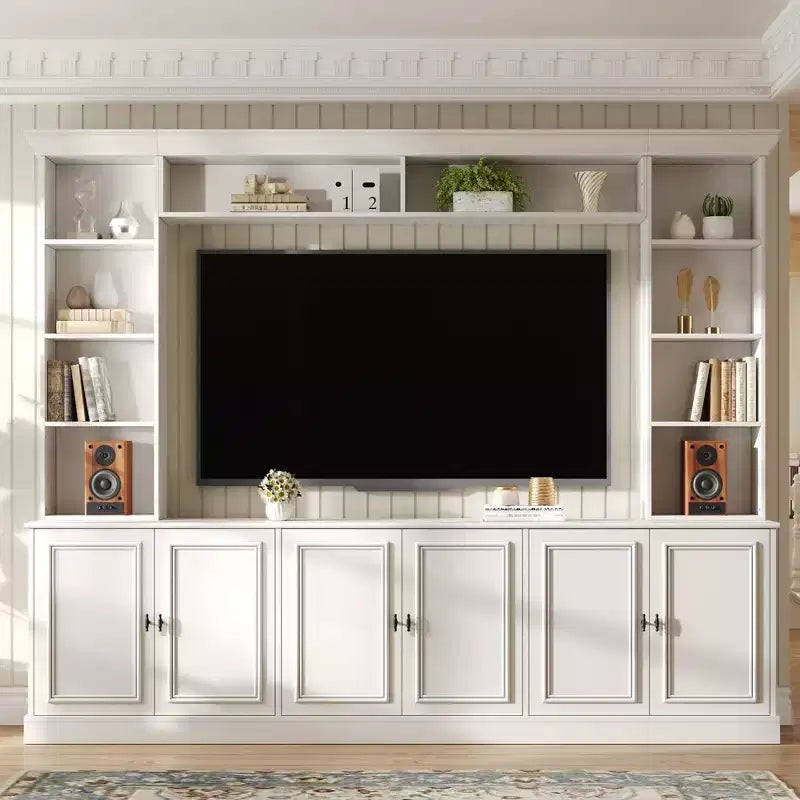 Meuble TV mural avec bibliothèque pour téléviseur 70", console multimédia avec pont, meuble TV avec étagère réglable