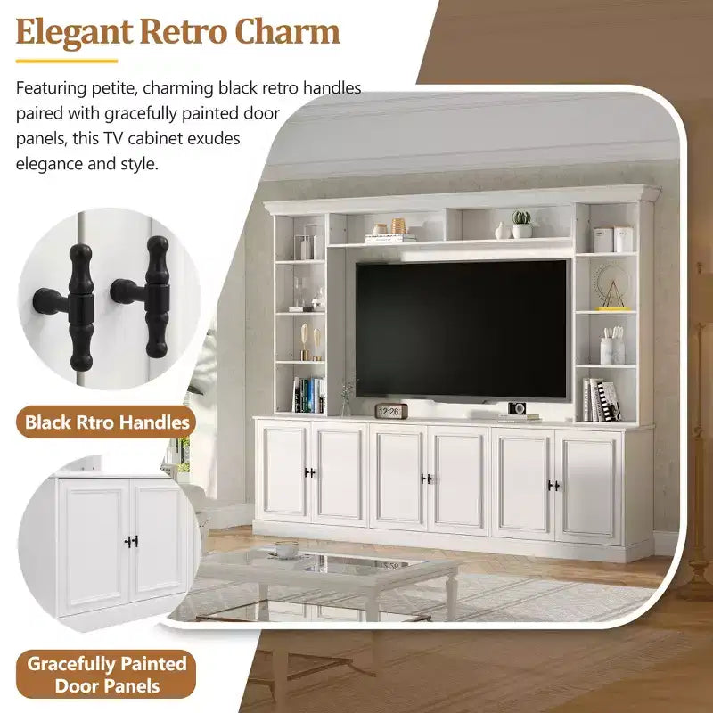 Meuble TV mural avec bibliothèque pour téléviseur 70", console multimédia avec pont, meuble TV avec étagère réglable