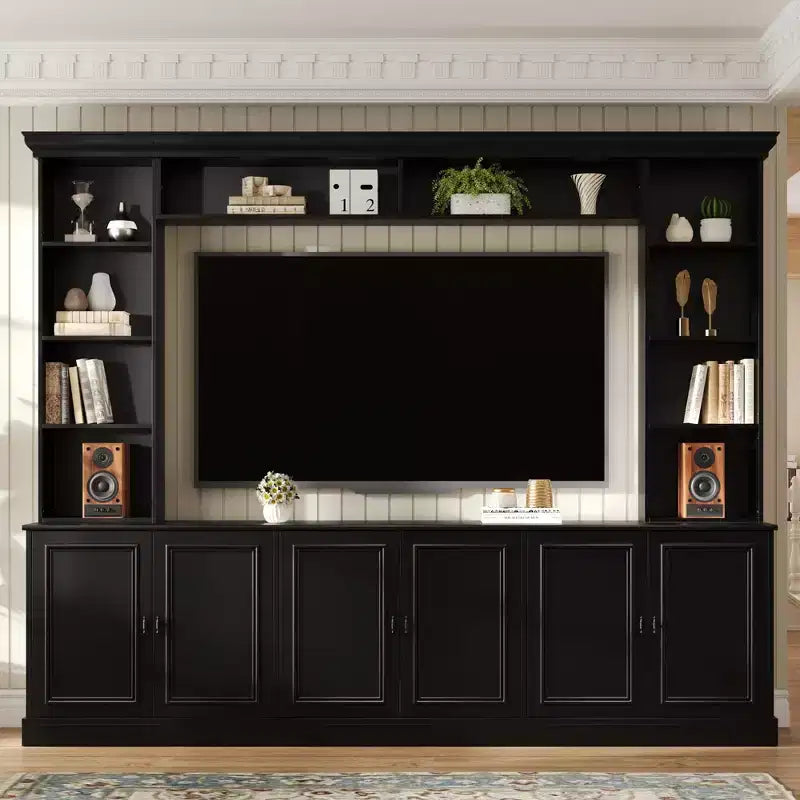 Meuble TV mural avec bibliothèque pour téléviseur 70", console multimédia avec pont, meuble TV avec étagère réglable