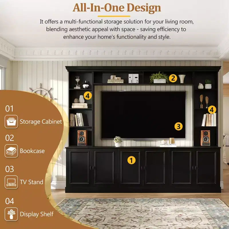 Meuble TV mural avec bibliothèque pour téléviseur 70", console multimédia avec pont, meuble TV avec étagère réglable
