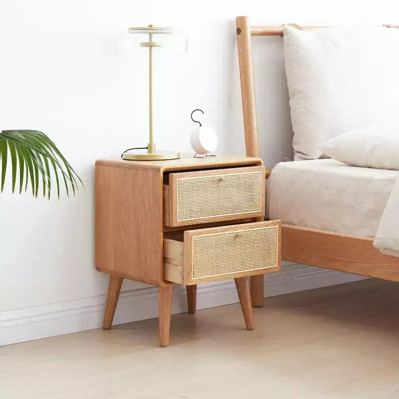 Table de chevet en chêne massif pur avec 2 tiroirs, armoire de chevet en bois avec façades de tiroirs en rotin, table de chevet minimaliste - Panipeachy