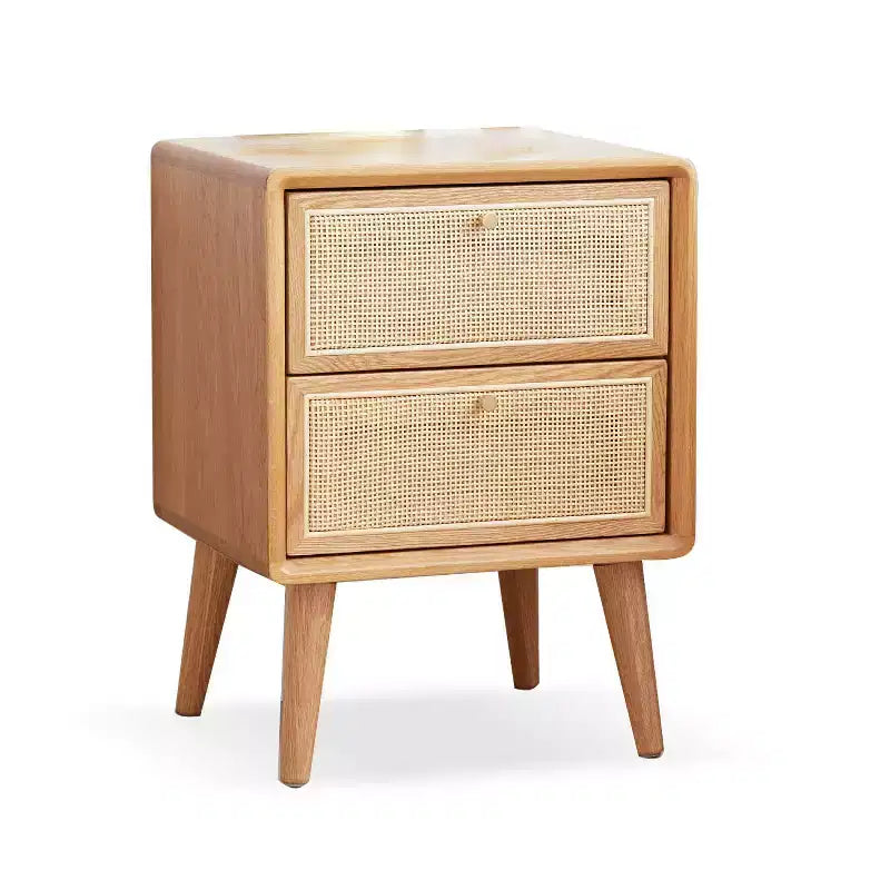 Table de chevet en chêne massif pur avec 2 tiroirs, armoire de chevet en bois avec façades de tiroirs en rotin, table de chevet minimaliste - Panipeachy
