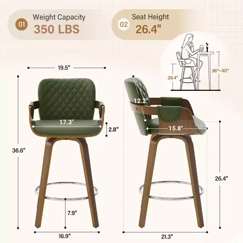 Bekrvio 26 Tabourets de Bar Pivotants à Hauteur de Comptoir, Lot de 1/2/3/4, Rembourrés en Similicuir Moderne avec Dossier et Accoudoirs, Pieds en Bois, Chaises de Bar pour Îlot de Cuisine