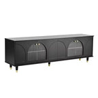Meuble TV avec portes vitrées pour téléviseur de 78", console multimédia en bois avec portes de placard cintrées, centre de divertissement avec étagères réglables