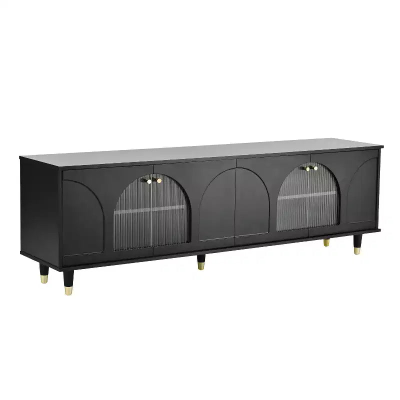 Meuble TV avec portes vitrées pour téléviseur de 78", console multimédia en bois avec portes de placard cintrées, centre de divertissement avec étagères réglables