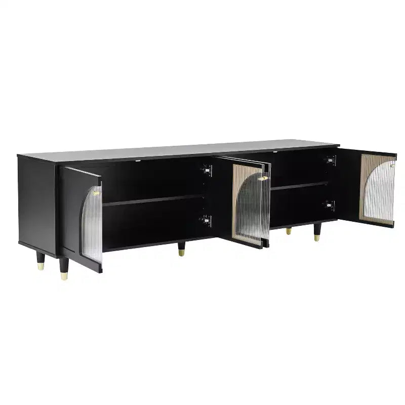 Meuble TV avec portes vitrées pour téléviseur de 78", console multimédia en bois avec portes de placard cintrées, centre de divertissement avec étagères réglables