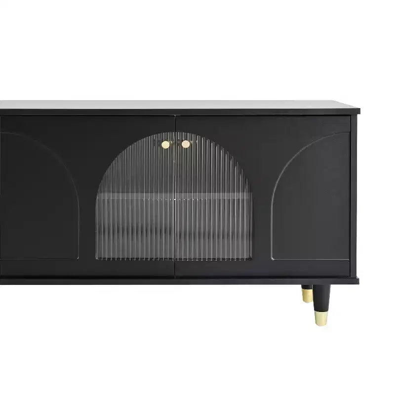 Meuble TV avec portes vitrées pour téléviseur de 78", console multimédia en bois avec portes de placard cintrées, centre de divertissement avec étagères réglables