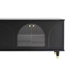 Meuble TV avec portes vitrées pour téléviseur de 78", console multimédia en bois avec portes de placard cintrées, centre de divertissement avec étagères réglables