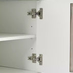 Meuble TV avec portes vitrées pour téléviseur de 78", console multimédia en bois avec portes de placard cintrées, centre de divertissement avec étagères réglables