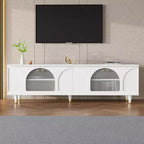 Meuble TV avec portes vitrées pour téléviseur de 78", console multimédia en bois avec portes de placard cintrées, centre de divertissement avec étagères réglables