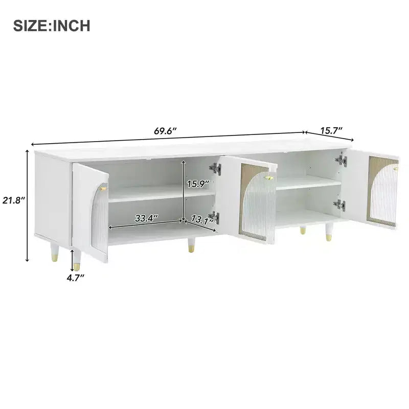 Meuble TV avec portes vitrées pour téléviseur de 78", console multimédia en bois avec portes de placard cintrées, centre de divertissement avec étagères réglables