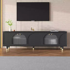Meuble TV avec portes vitrées pour téléviseur de 78", console multimédia en bois avec portes de placard cintrées, centre de divertissement avec étagères réglables