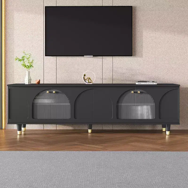 Meuble TV avec portes vitrées pour téléviseur de 78", console multimédia en bois avec portes de placard cintrées, centre de divertissement avec étagères réglables