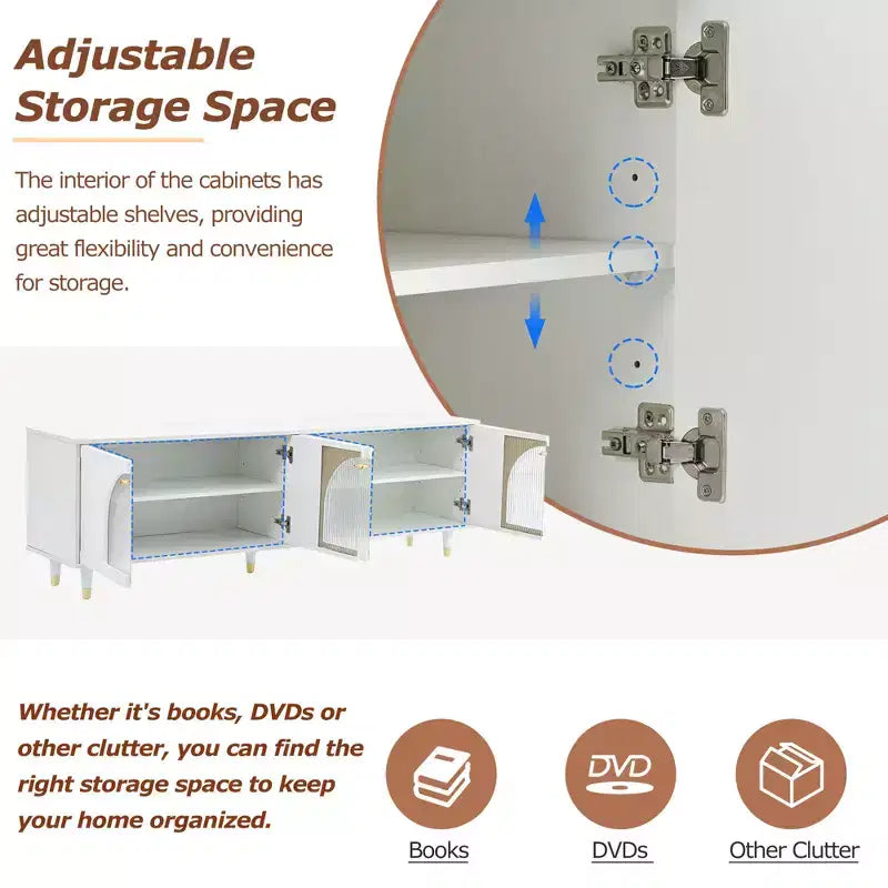 Meuble TV avec portes vitrées pour téléviseur de 78", console multimédia en bois avec portes de placard cintrées, centre de divertissement avec étagères réglables