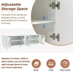 Meuble TV avec portes vitrées pour téléviseur de 78", console multimédia en bois avec portes de placard cintrées, centre de divertissement avec étagères réglables