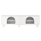 Meuble TV avec portes vitrées pour téléviseur de 78", console multimédia en bois avec portes de placard cintrées, centre de divertissement avec étagères réglables