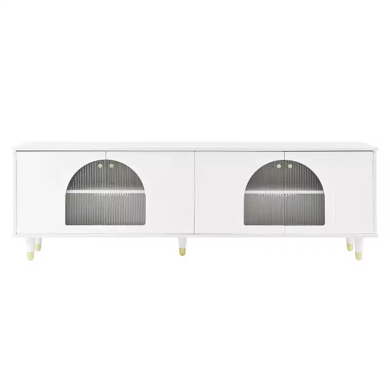 Meuble TV avec portes vitrées pour téléviseur de 78", console multimédia en bois avec portes de placard cintrées, centre de divertissement avec étagères réglables
