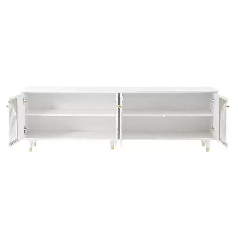 Meuble TV avec portes vitrées pour téléviseur de 78", console multimédia en bois avec portes de placard cintrées, centre de divertissement avec étagères réglables