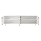 Meuble TV avec portes vitrées pour téléviseur de 78", console multimédia en bois avec portes de placard cintrées, centre de divertissement avec étagères réglables