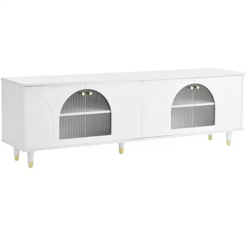 Meuble TV avec portes vitrées pour téléviseur de 78", console multimédia en bois avec portes de placard cintrées, centre de divertissement avec étagères réglables
