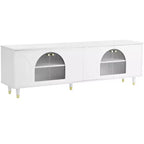 Meuble TV avec portes vitrées pour téléviseur de 78", console multimédia en bois avec portes de placard cintrées, centre de divertissement avec étagères réglables