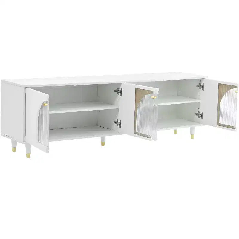 Meuble TV avec portes vitrées pour téléviseur de 78", console multimédia en bois avec portes de placard cintrées, centre de divertissement avec étagères réglables