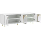 Meuble TV avec portes vitrées pour téléviseur de 78", console multimédia en bois avec portes de placard cintrées, centre de divertissement avec étagères réglables