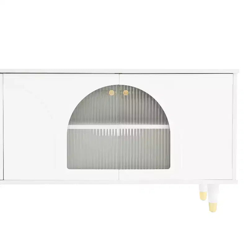 Meuble TV avec portes vitrées pour téléviseur de 78", console multimédia en bois avec portes de placard cintrées, centre de divertissement avec étagères réglables