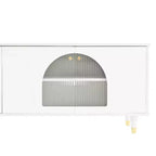 Meuble TV avec portes vitrées pour téléviseur de 78", console multimédia en bois avec portes de placard cintrées, centre de divertissement avec étagères réglables